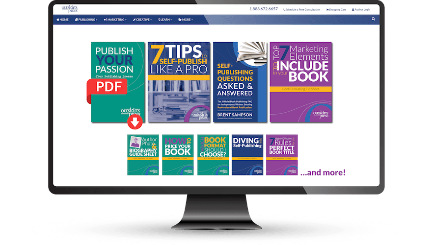 Free publishing kit guides displayed on a desktop computer, including self-publishing tips, FAQs, marketing checklists, and more