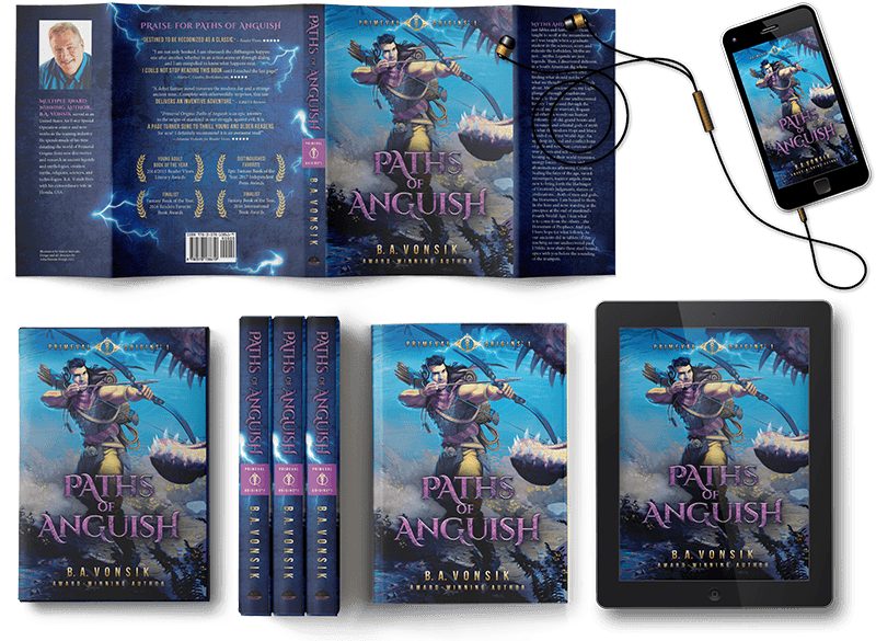 Paths of Anguish book formats — dust jacket, hardcover, paperback, eBook on tablet, and audiobook on phone