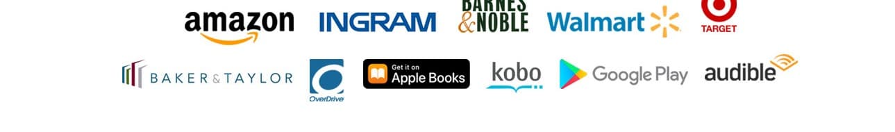 Distribution partners including Amazon, Ingram, Barnes & Noble, Walmart, Target, Baker & Taylor, OverDrive, Apple Books, Kobo, Google Play, and Audible